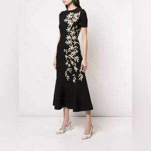 ♧$3,400 NEW OSCAR DE LA RENTA BLACK GOLD FLORAL KNIT RUNWAY DRESS US L